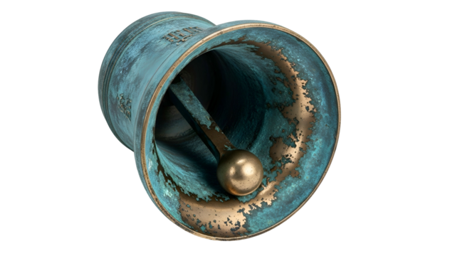 Verdigris metal bell, clapper inside, angled view