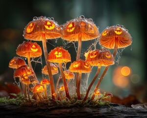 Enchanted Mushrooms Glowing with Pumpkin Faces in Forest Setting