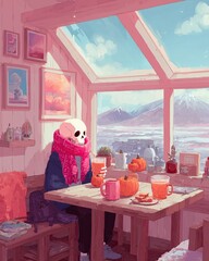 Cozy Indoor Scene with a Character in a Pink Scarf and Pumpkin Decor