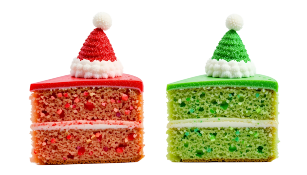 Christmas Cake Slice PNG – Transparent Background Red & Green Holiday Cakes with Santa Hats Festive Dessert Graphic for Seasonal Design & Promotion