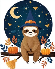 Charming Sloth in a Witch Hat Surrounded by Autumn Elements