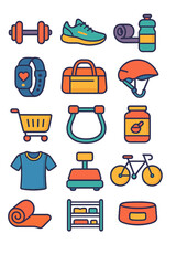 Sports and Fitness Store Dumbbell, running shoes, yoga mat, water bottle, fitness tracker, sports bag, resistance band, helmet icon, shopping cart,
