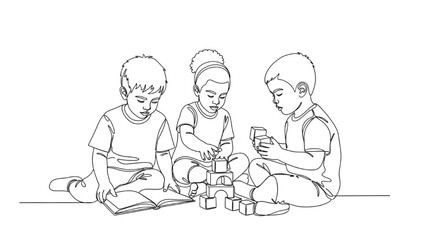 Continuous Line Drawing of Preschool Children Learning with Books and Blocks &ndash; Minimalist Education Line Art Illustration