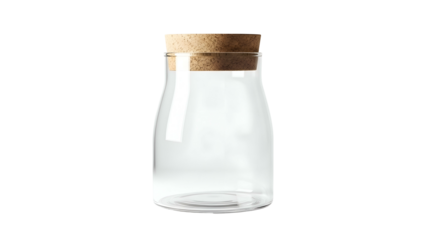 Empty glass jar with cork stopper, centrally placed on black