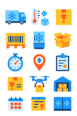 Cold Chain Delivery refrigerated truck, thermometer, ice icon, fragile box, barcode, pallet, freezer unit, open package, stopwatch, warehouse,