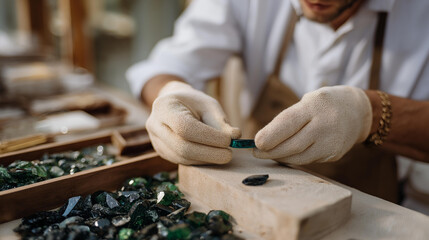 Australian jeweler’s gloved hands polishing recycled gemstones in a sustainable workshop, eco-conscious jewelry crafting, artisanal gem handling, green luxury design, ethical adornment creation.