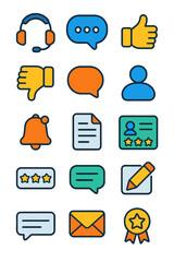 Customer Support headset, chat bubble, question mark, thumbs up, thumbs down, speech bubble, user profile, checklist, notification bell, document,