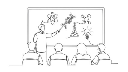 Minimalist Line Drawing of Teacher Explaining Lesson at Whiteboard – Continuous One-Line Education Illustration