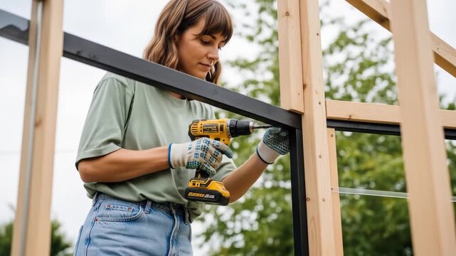 Empowered woman skillfully constructs her dream backyard project, using a power drill to assemble the wooden frame structure
