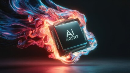 Dynamic AI Agent chip ignites digital transformation with vibrant energy flowing from futuristic technology