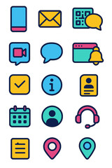 Digital Contact smartphone, email icon, QR code, chat bubble, video call, speech bubble, website browser, notification bell, mobile app, info circle,