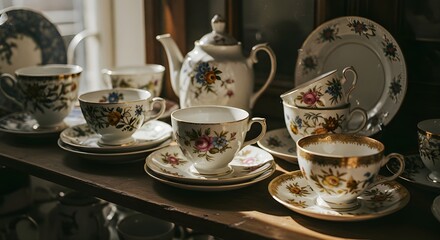 Fototapeta premium Elegant vintage porcelain floral tea set with gold trim displayed on a wooden shelf