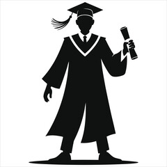 Silhouette of graduate wearing cap and gown holding diploma scroll, academic achievement concept, university college commencement ceremony celebration, black vector illustration isolated on background