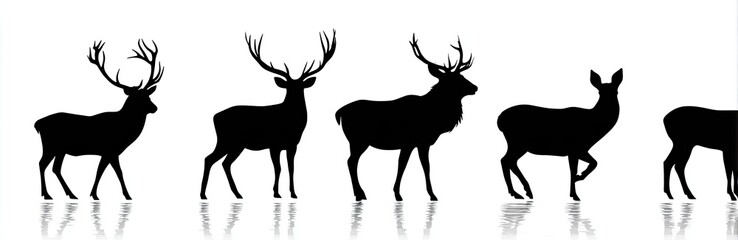 Silhouette of deer with large antlers, in a row, against white background, and reflections