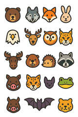 Fototapeta premium Wild Animals bear, wolf, fox, rabbit, eagle, deer, owl, lynx, moose, beaver, hedgehog, raccoon, boar, wildcat, bat, frog. [4 rows of 4 icons, PNG