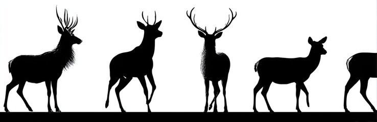 Silhouetted deer in various poses, grazing on a black ground, with white background