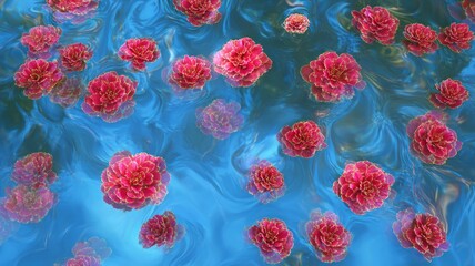 Vibrant red flowers floating on water surface. AI image