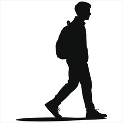 Silhouette of teenage student walking with backpack, side view isolated on white background – young male school boy commuter clipart for education, college, travel, study, editorial design use