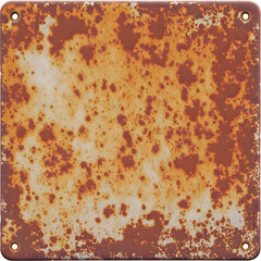 Weathered metal plate with corrosion and rust on a transparent background