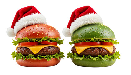 Christmas Burgers PNG – Transparent Background Red & Green Buns with Santa Hats and Classic Fillings