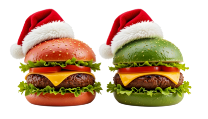 Christmas Burgers PNG – Transparent Background Red & Green Buns with Santa Hats and Classic Fillings