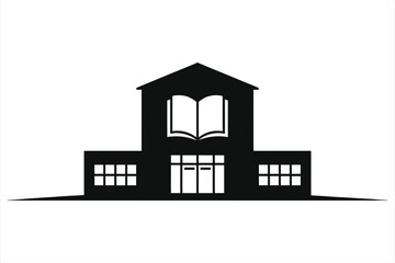 Library Building Silhouette with Open Book Icon – Educational Institution, School Library, Academic Architecture Black & White Vector Illustration for Education, Reading, Learning, Knowledge