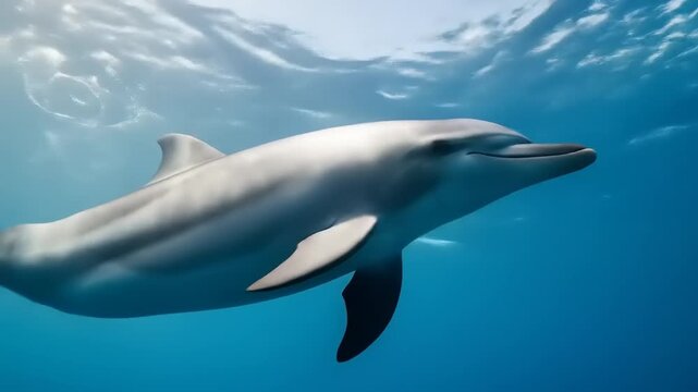 Underwater Dolphin Swimming Gracefully Through the Oceans Depths with Bubbles.