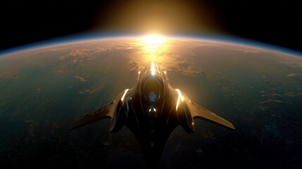 Spaceship orbiting earth at sunrise. AI image