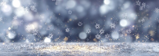 A dreamy winter scene with a snowy ground, falling snowflakes, and soft, blurred lights in background