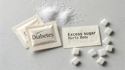 Sugar packets and spilled granules with diabetes health warnings