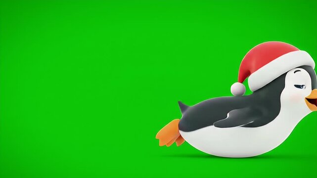 A cute animated penguin character wearing a Santa hat slides across a vibrant green screen background, entering and exiting the frame with a joyful expression.