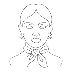 Elegant woman s portrait with scarf and earrings in minimalist line art style