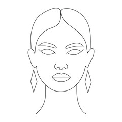 Minimalist line art drawing of a woman s face with diamond earrings