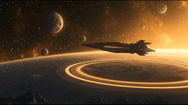 Futuristic spaceship flies near a ringed planet in a faraway galaxy