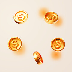 Realistic gold coins. Flying 3D money.