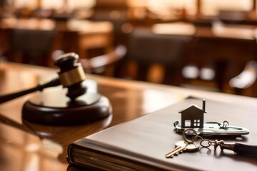 Gavel and key with house symbol on desk in courtroom.