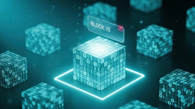 A conceptual illustration of a glowing data block with binary code, representing blockchain technology and a decentralized digital ledger