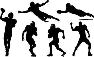 Collection of American football player silhouettes in action isolated on white background for sports design