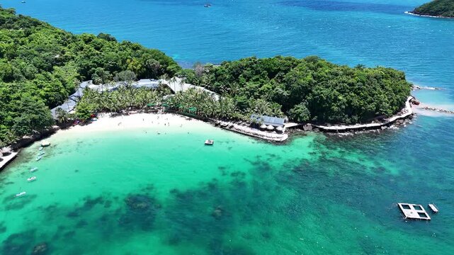 Footage of clear blue sea and lush greenery at Hon Thom Island, Phu Quoc, Vietnam