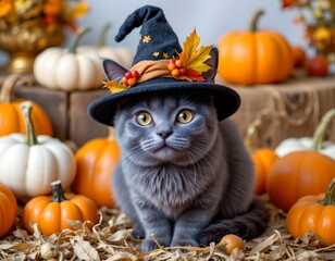 This image features a gray cat prominently positioned at the center, wearing a whimsical, cone shaped witch hat adorned with a decorative ribbon, berries, and a autumn leaf
