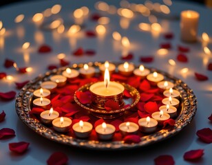 A central arrangement of numerous small lit candles, each casting a warm, gentle glow, These candles are placed on an ornate, circular metallic tray that exudes elegance and richness