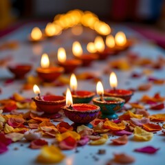 A traditional arrangement of illuminated oil lamps, monly used in cultural celebrations, The main focus is on several small, intricately decorated lamps made of clay