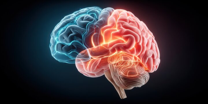 A detailed model of a human brain highlights the left and right hemispheres in contrasting colors. This representation shows brain structure and function clearly.