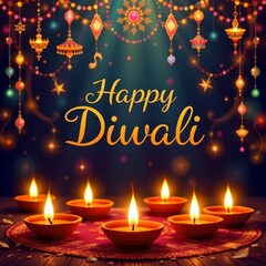 Happy diwali festival of lights with diyas and mandala background.