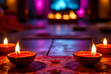 Four lit diyas arranged symmetrically for diwali celebration.