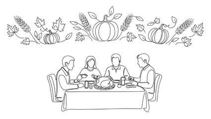 Continuous Line Drawing of Family Around Dinner Table – Thanksgiving Festival Line Art Illustration