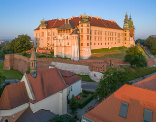 Aerial view of Wawel castle and Wawel cathedral during golden hour in the morning, Krakow, Poland