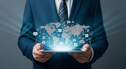 Businessman holding a tablet displaying a glowing digital world map with interconnected icons representing global business technology and communication networks