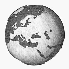 Drawing of world globe maps. Earth Europe, Asia, Africa. Pencil style