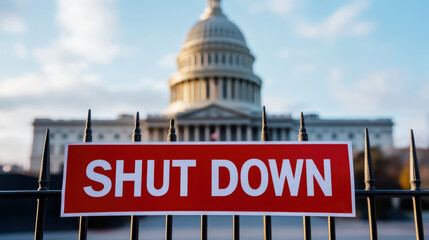 A prominent "SHUT DOWN" sign is displayed in front of a grand building, indicating a closure or halt in operations at this significant location.